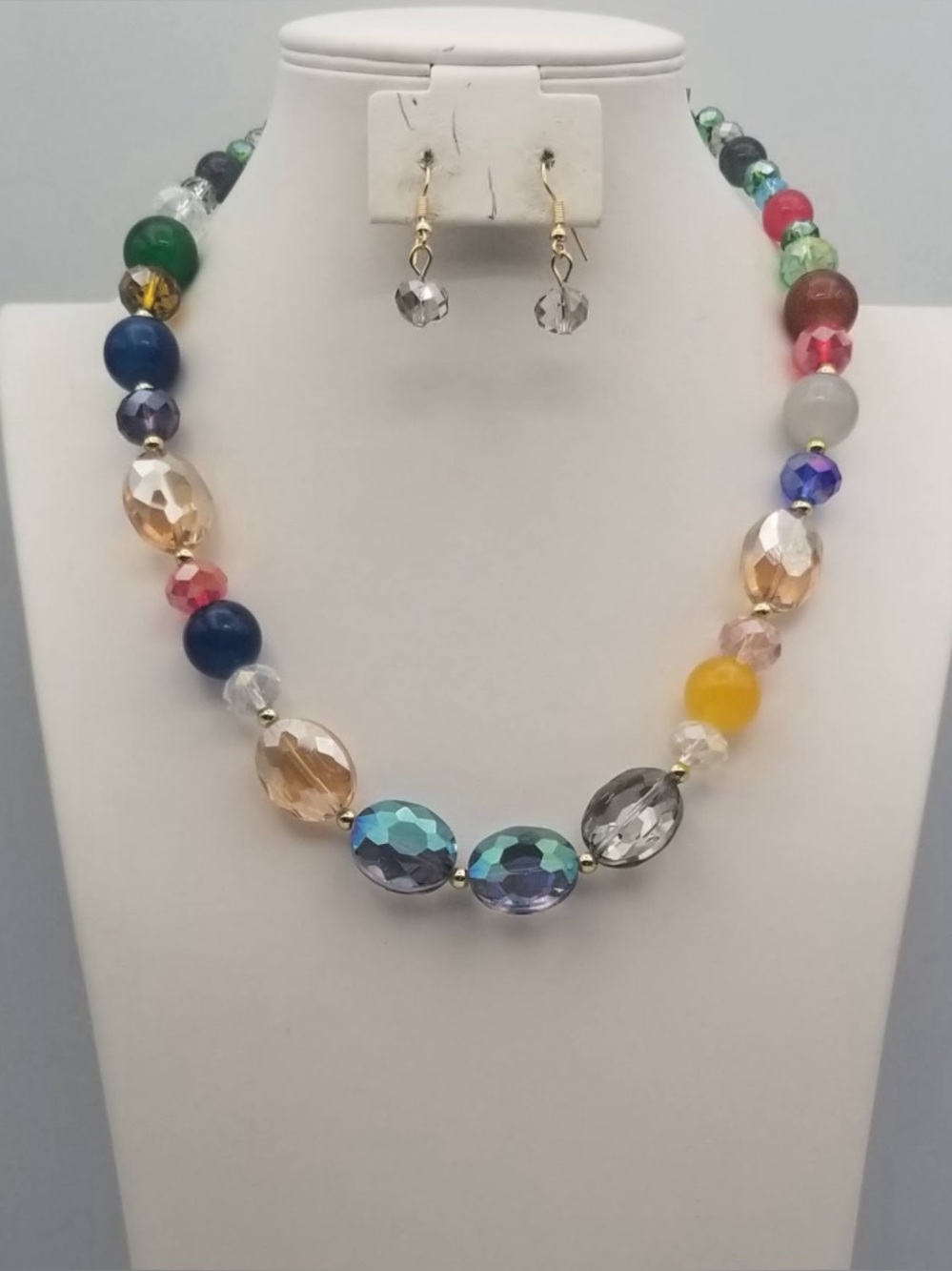 Multicolor Faceted Bead Necklace with Crystal Drop Earrings